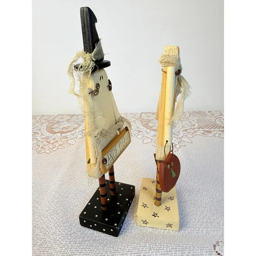 Collins Halloween Ghost Figurine Set of 2 Painted w/ “Candy Please” Sign
